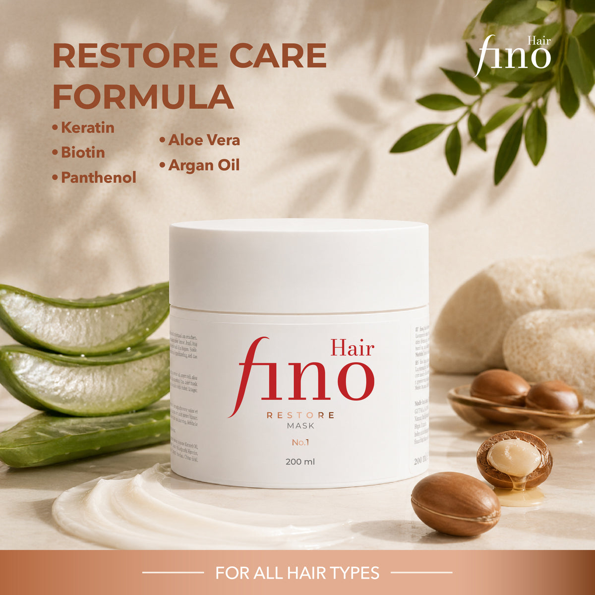 Masque RESTORE No.1 près de feuilles d’aloe vera, de fruits d’argan et de crème