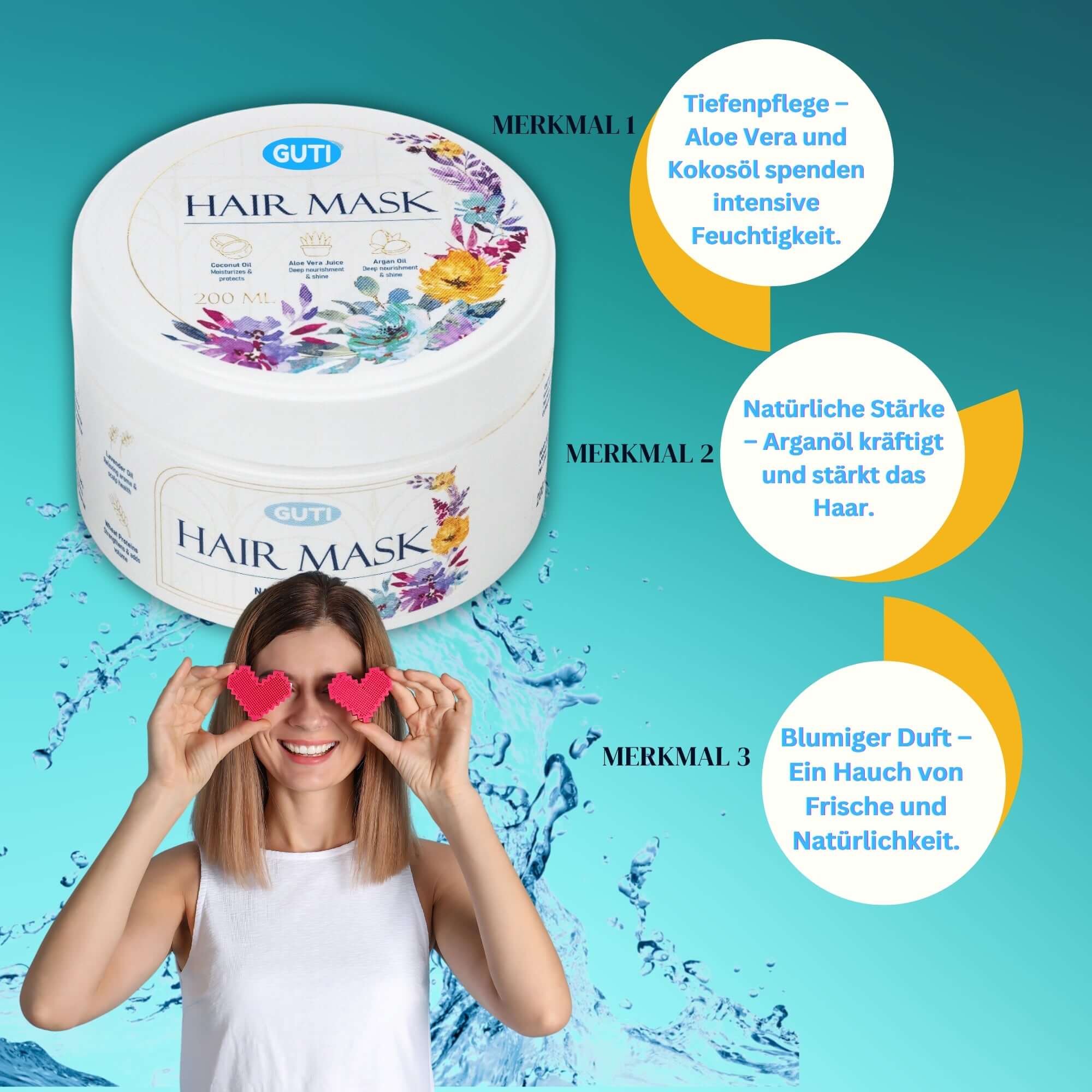 GUTI Haarmaske Werbebild – Für gesundes, glänzendes Haar mit Arganöl & Aloe Vera