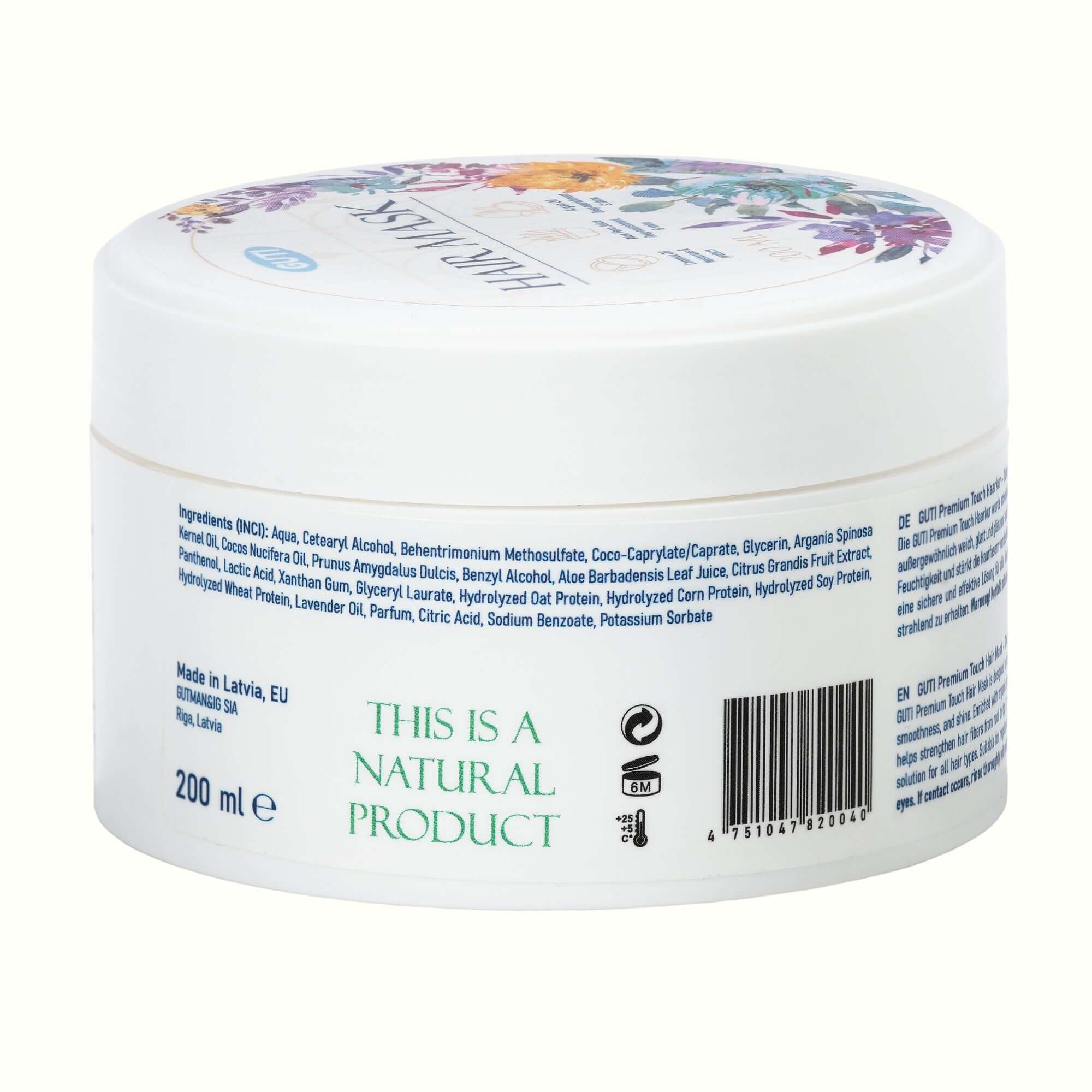 Rückseite der GUTI Haarmaske – Inhaltsstoffe, Anwendung und vegane Naturkosmetik-Details