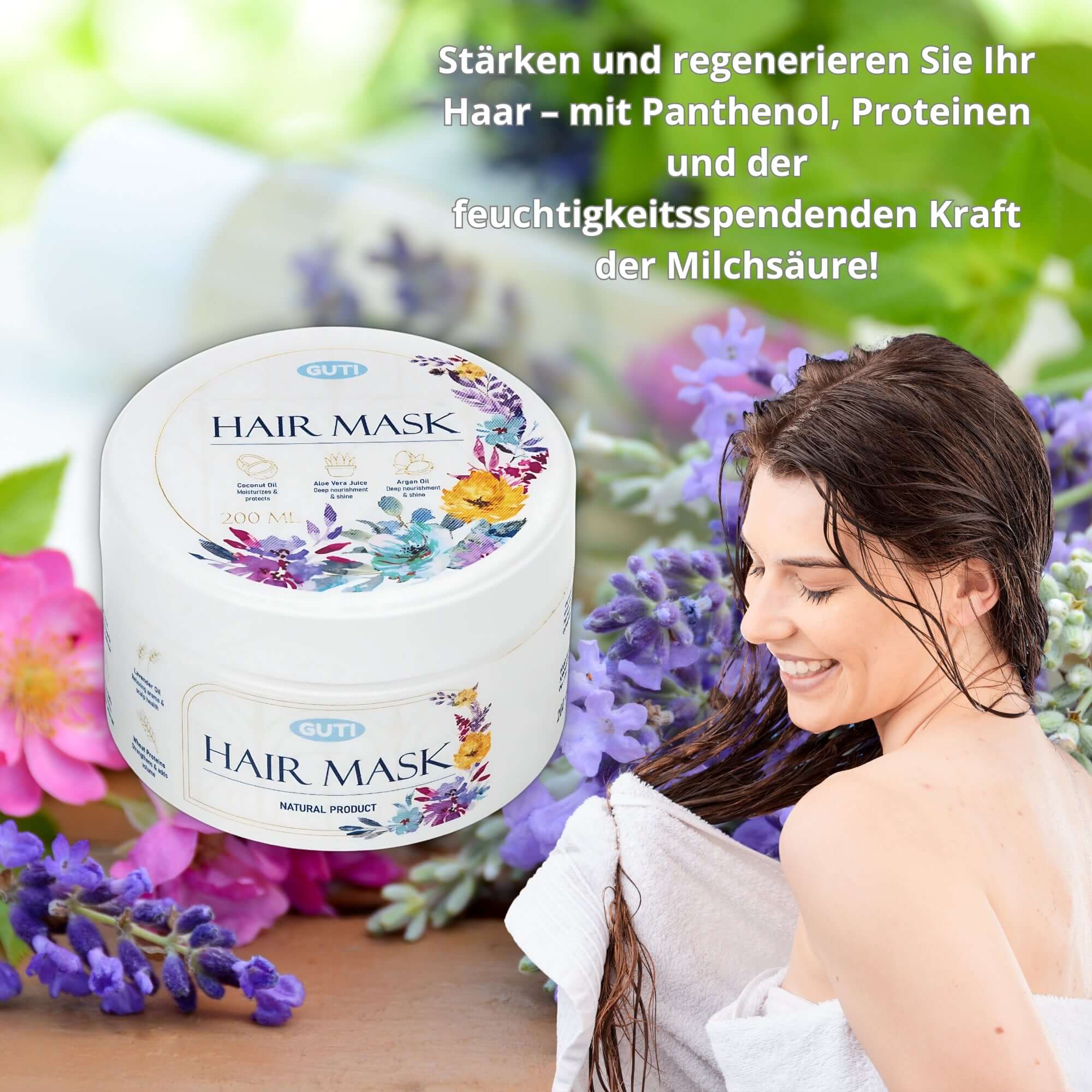 GUTI Haarmaske Produktfoto im Garten – Natürliche Pflege für coloriertes Haar