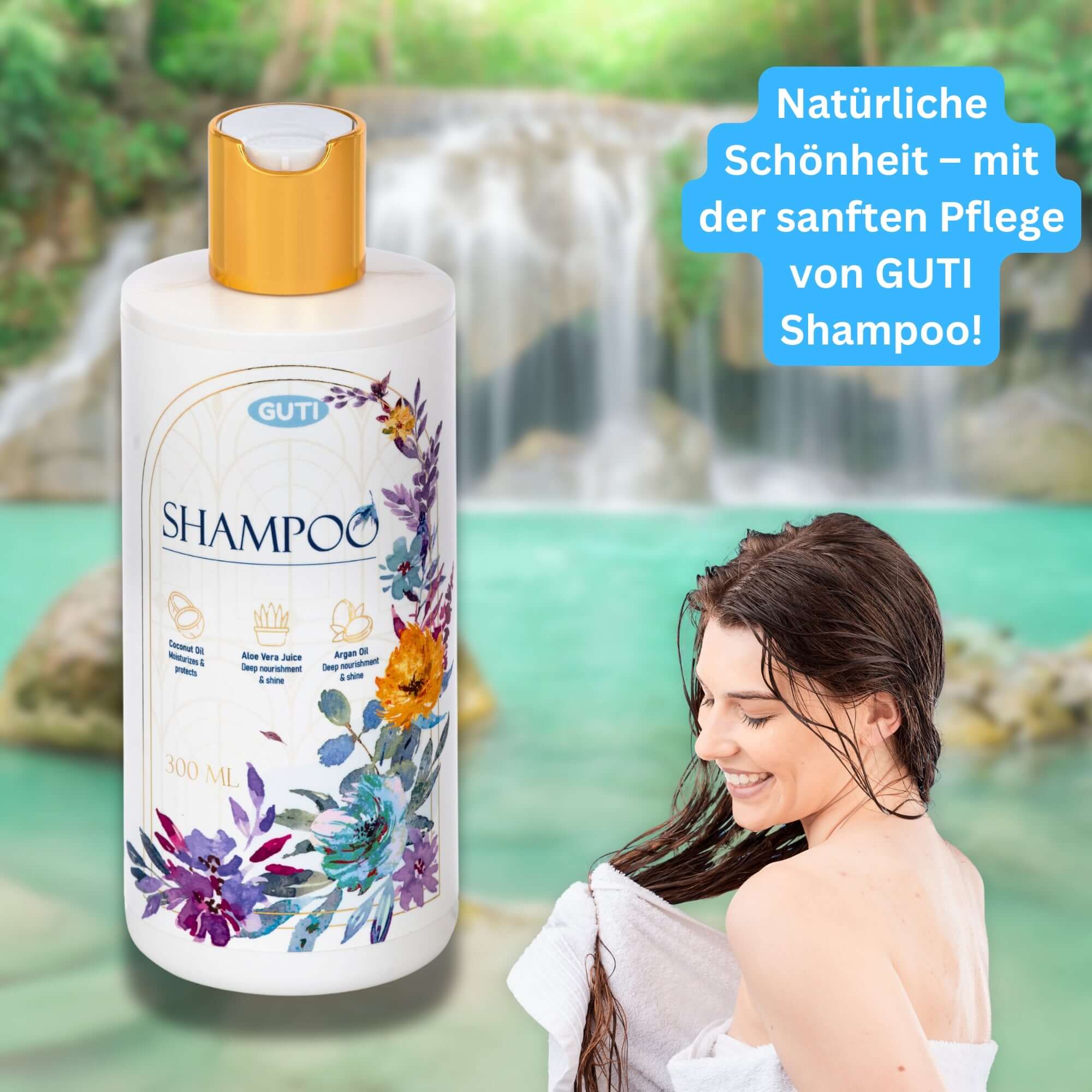 Frau mit GUTI Bio-Arganöl Shampoo – Natürliche Pflege für gesundes & schönes Haar